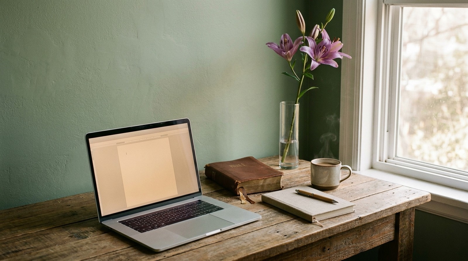 A Bible and an open notebook resting on a table in soft natural light.