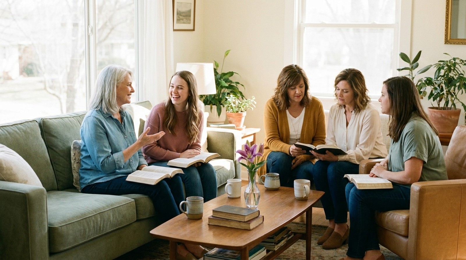 Women gathered together in a warm living room for a Bible study.