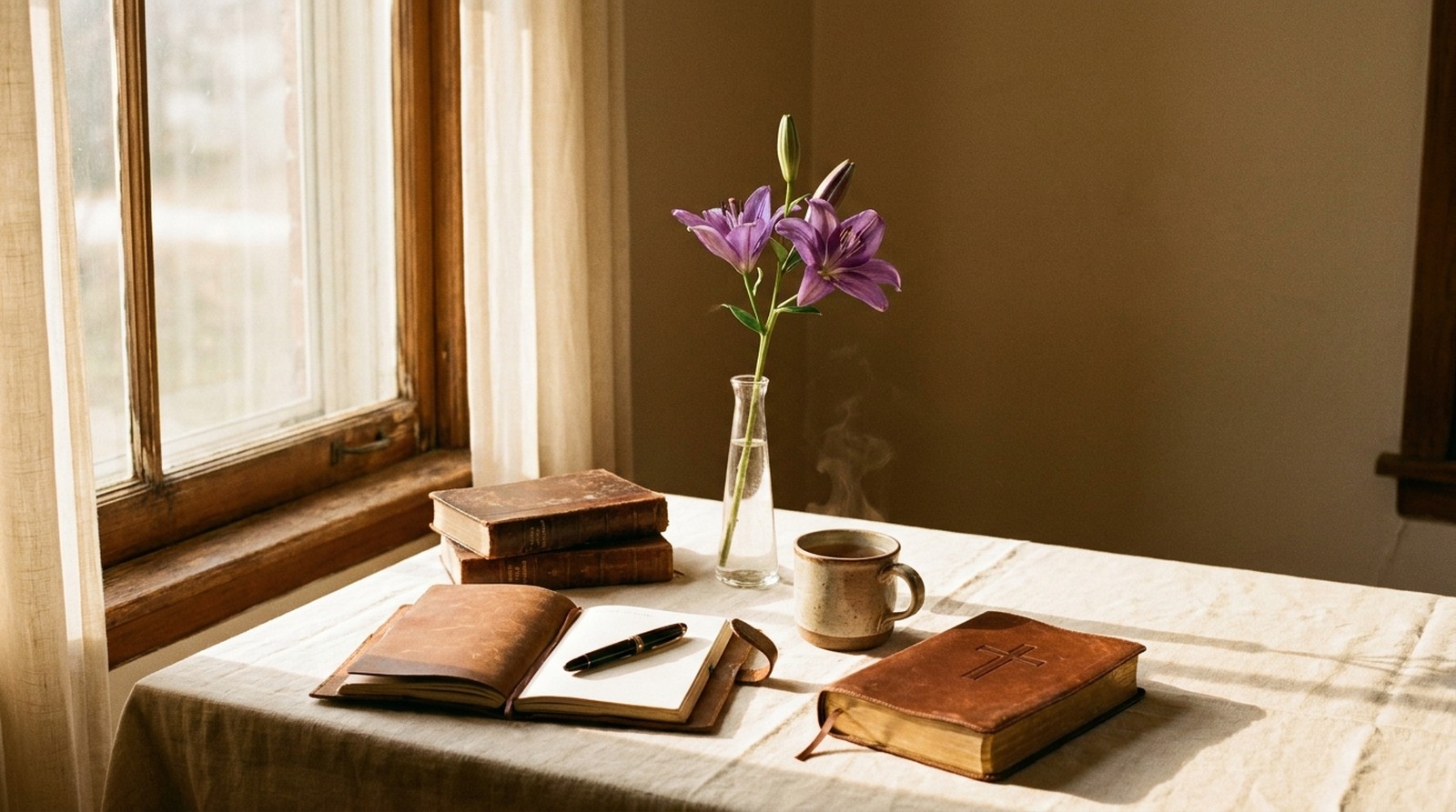 An open journal, devotional books, and a Bible on a warm linen table by a window.